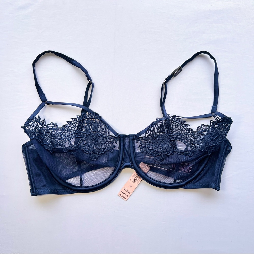 NWT Victoria's Secret Navy Sheer Floral Lace Lingerie Unlined Bra Size 34C
